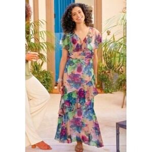 Soft Surroundings Ambrosia Floral Chiffon Short Sleeve Maxi Dress Size Large